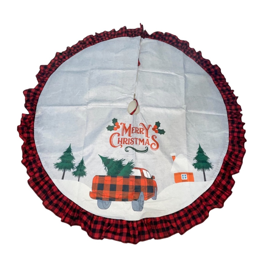 48 inch burlap Christmas tree mat or skirt, red‎ and black plaid ruffle NWT